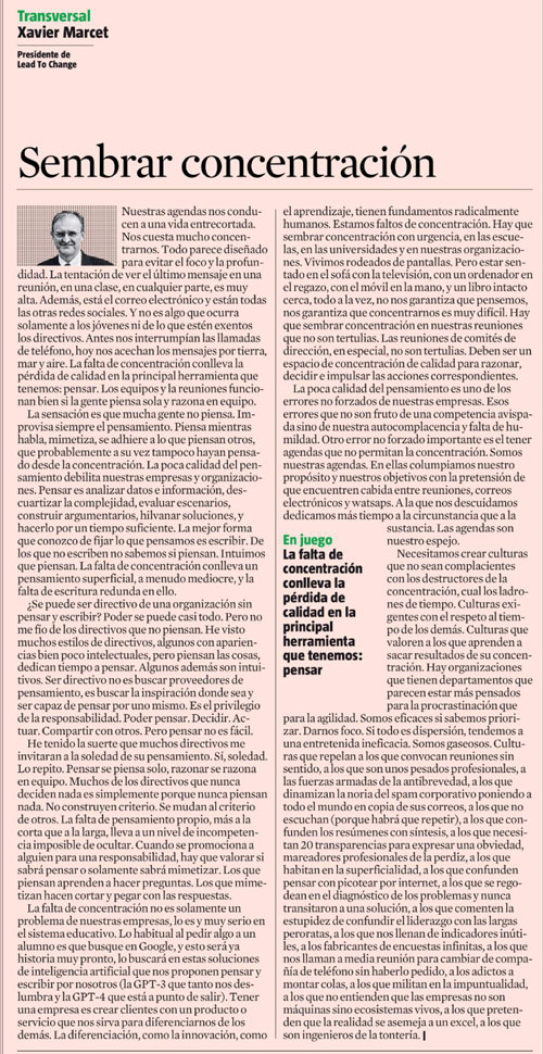 Artículo de Xavier Marcet 'Sembrar concentración'
