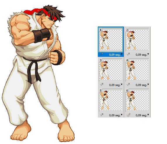 Animación del personaje de Street Fighter, Ryu, saltando como si entrenara, y a su derecha se muestran los frames (estáticos) con los que está formado