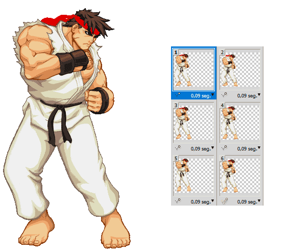 Ryu de Street Fighter, calentando antes de repartir ostias Animación del personaje de Street Fighter, Ryu, saltando como si entrenara, y a su derecha se muestran los frames (estáticos) con los que está formado