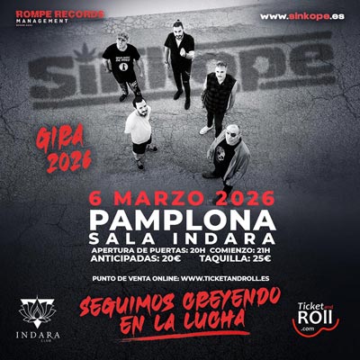 Cartel cuadrado con foto de Sínkope en blanco y negro, desde arriba, y letras blancas y rojas con la información del concierto