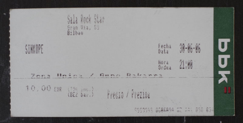 Entrada del concierto de Sínkope en Bilbao del año 2006, obtenida en cajero automático