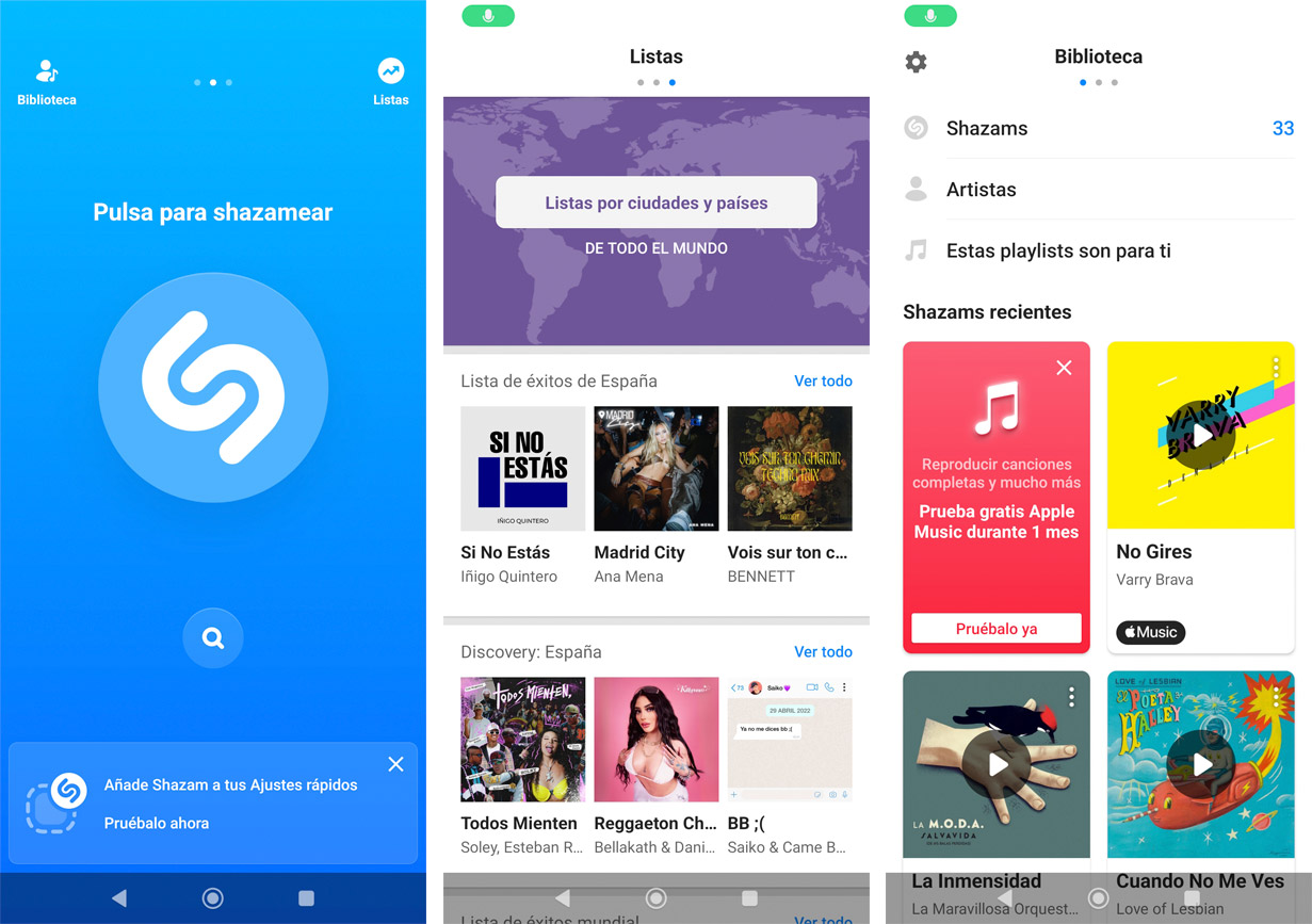 Capturas de pantalla de la app de Shazam