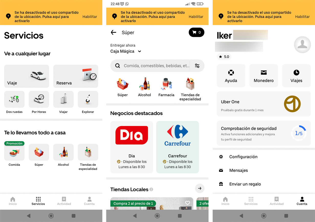 Capturas de pantalla de la app de Uber
