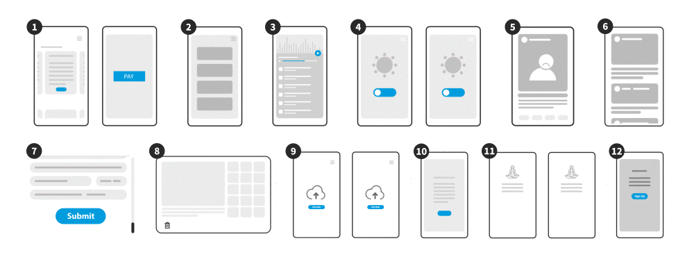Composición de interfaces donde se muestran los 12 principios de Walt Disney Composición con varias pantallas de móvil en donde se ven partes de interfaces con animaciones que representan cada una de los 12 principios de Walt Disney