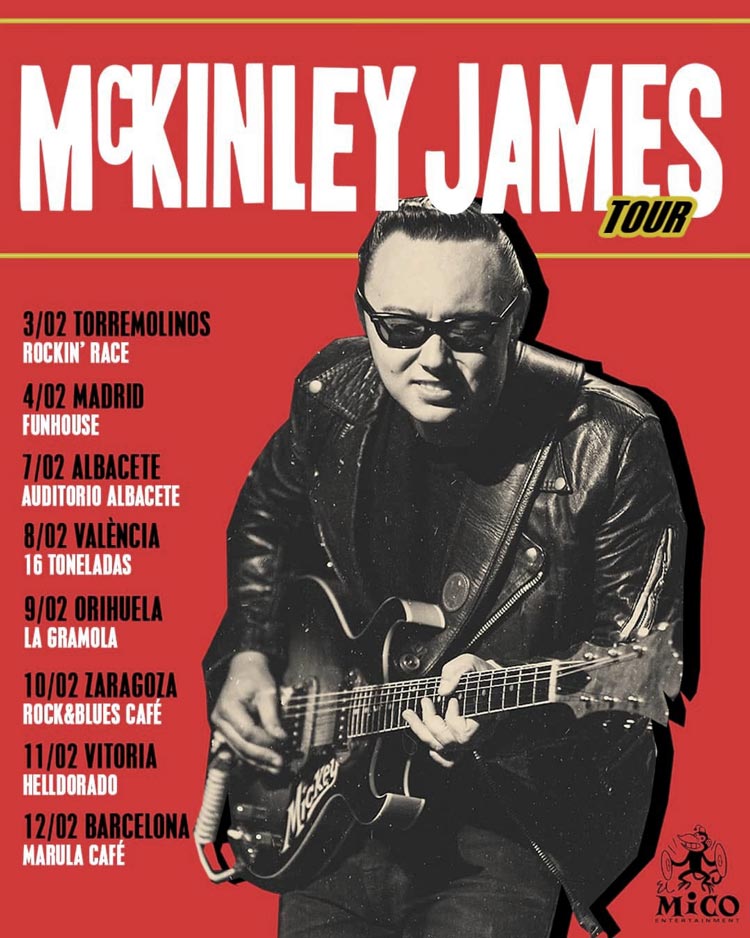 Cartel de la gira peninsular de McKinley James Cartel con estética vintage de la gira de McKinley James, mostrando las fechas de cada ciudad. En el cartel hay una foto del propio músico, en blanco y negro, y recortado como si fuera un collage, colocado sobre un fondo rojo.