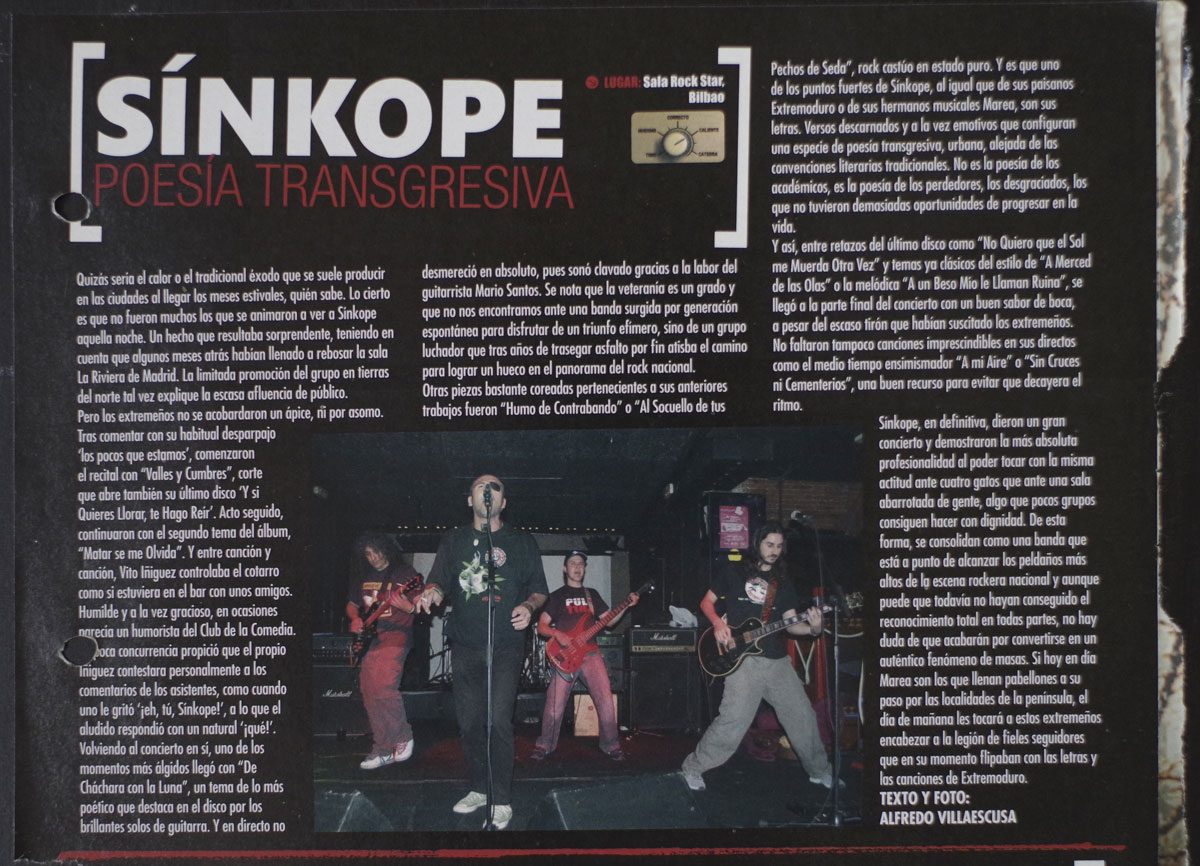 Crónica del concierto de Sínkope en Bilbao, año 2006 Recorte de revista fotografiado en donde se puede leer la crónica